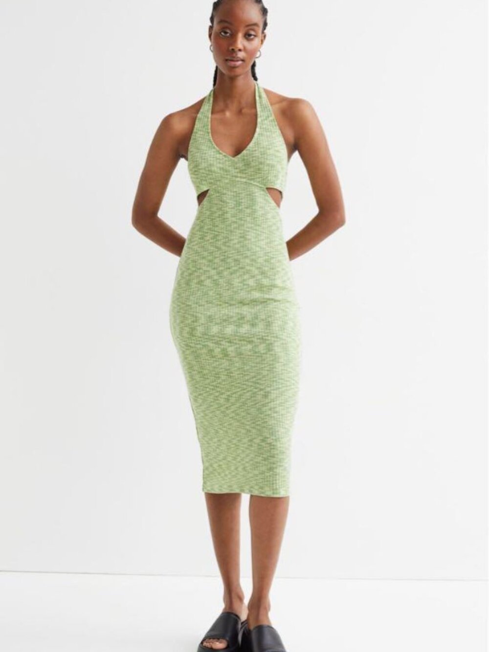 Midi ribbed halterneck cut out dress